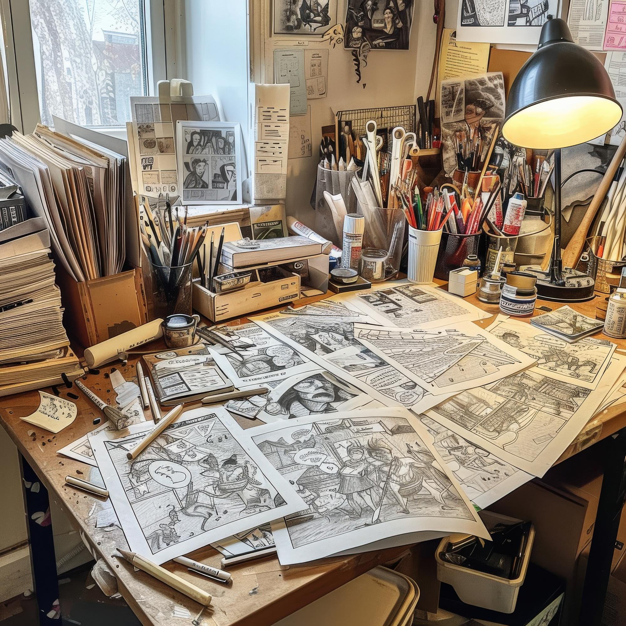 Atelier workspace with threads and sketches