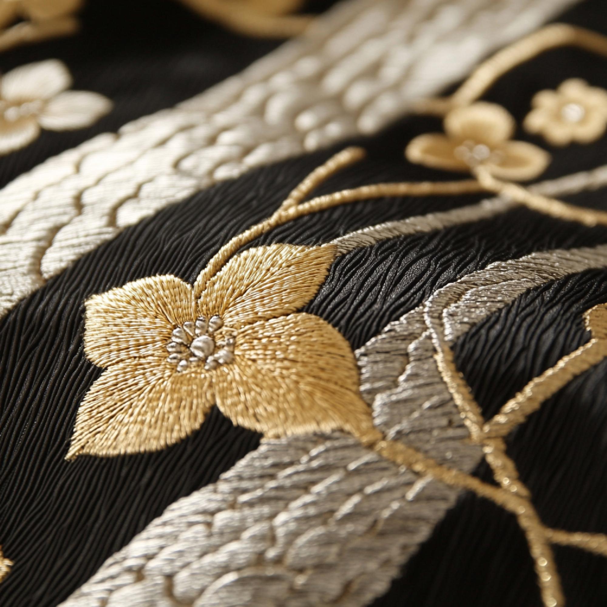 Close-up luxury embroidered textile with gold threads